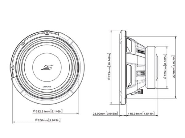 s2 w10d4 25cm s series subwoofer with dual 4 ohm voice coils dimensions